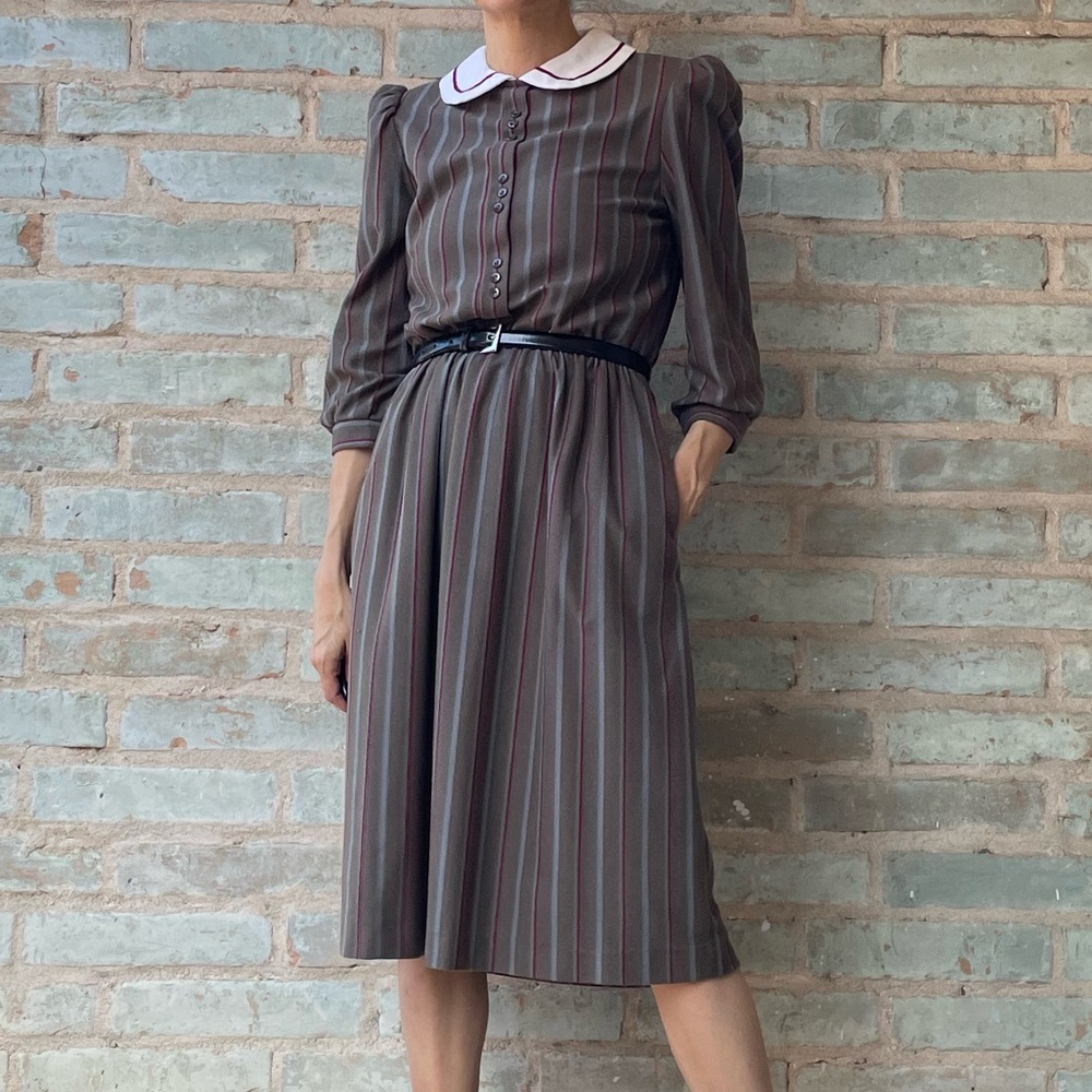Vintage Secretary Dress 80s Taupe Grey Stripe Peter Pan Long Sleeve Midi Flannel